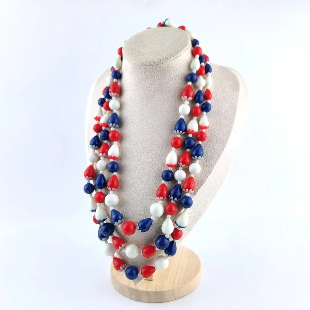 Vintage Red White Blue Triple Strand Bead Necklace Patriotic USA Hong‎ Kong
